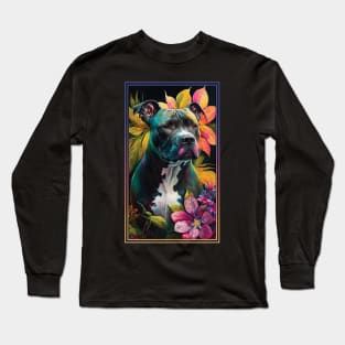 American Staffordshire Terrier Pitbull Vibrant Tropical Flower Tall Digital Oil Painting Portrait  4 Long Sleeve T-Shirt